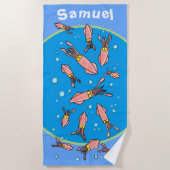 青い泡おもしろいを持つ漫画のイカ学校 ビーチタオル (正面)