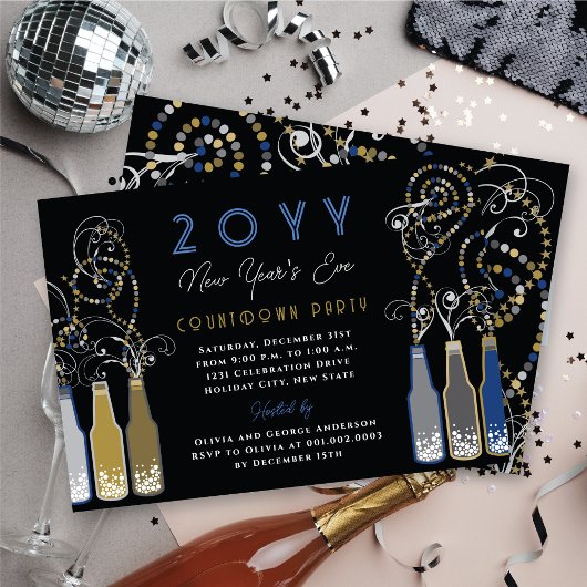 青い泡立つボトルが大晦日のパーティーを渦巻く 招待状