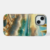 青い波とシーグラスのまじかる海岸線 iPhone 15ケース (裏面横)