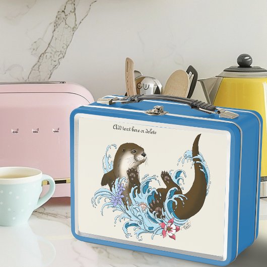 青い波と戯れるカワウソのイラスト メタルランチボックス