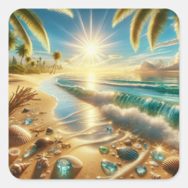 青い波と海のガラスを持つ魔法の海岸線 スクエアシール