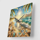 青い波と海のガラスを持つ魔法の海岸線 スクエア壁時計 (傾斜)