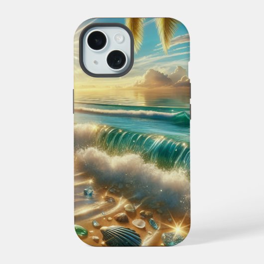 青い波と海のガラスを持つ魔法の海岸線 iPhone 15ケース (裏面)