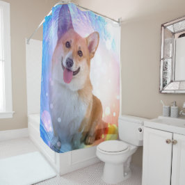 青い波の下の微笑のコーギー シャワーカーテン
