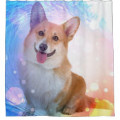 青い波の下の微笑のコーギー シャワーカーテン (正面)