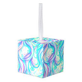 青い波の渦巻きパターンと渦巻きパターン キューブオーナメント (裏面アングル)