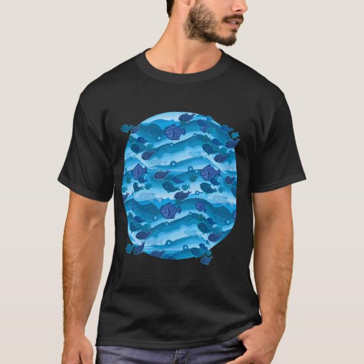 青い波の魚模様 Tシャツ (正面)