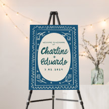 青い波状の手書きレトロ結婚のウェルカムサイン