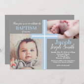 青い洗礼の宗教灰色の男の子は十字の双生児に洗礼を施します 招待状 (正面/裏面)