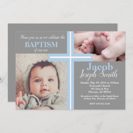 青い洗礼の宗教灰色の男の子は十字の双生児に洗礼を施します 招待状 (正面/裏面)