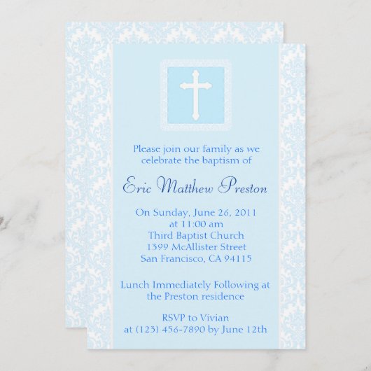 青い洗礼または《キリスト教》洗礼式や命名式の招待状 招待状 (正面/裏面)