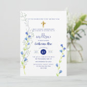 青い洗礼　花の洗礼式　カトリックの十字架 招待状 (スタンド正面)