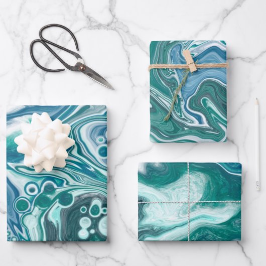 青い流体アート大理石 ラッピングペーパーシート (正面)
