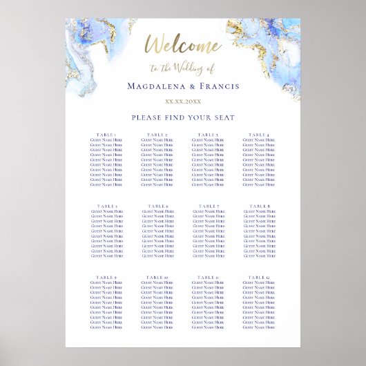 青い流体大理石結婚のシーティングチャート ポスター (正面)