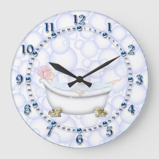 青い浴室の泡 ラージ壁時計 (正面)