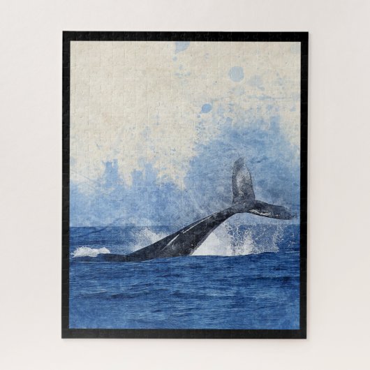 青い海で勢いよく跳ねるシロナガスクジラの芸術作品 ジグソーパズル (縦)
