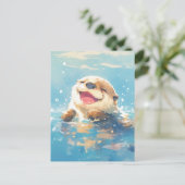 青い海で水彩画のカワウソが笑う ポストカード (スタンド正面)