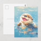 青い海で水彩画のカワウソが笑う ポストカード (正面/裏面)