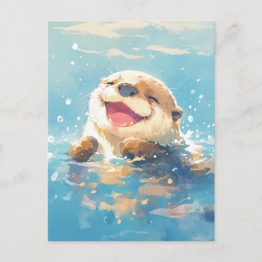 青い海で水彩画のカワウソが笑う ポストカード (正面)