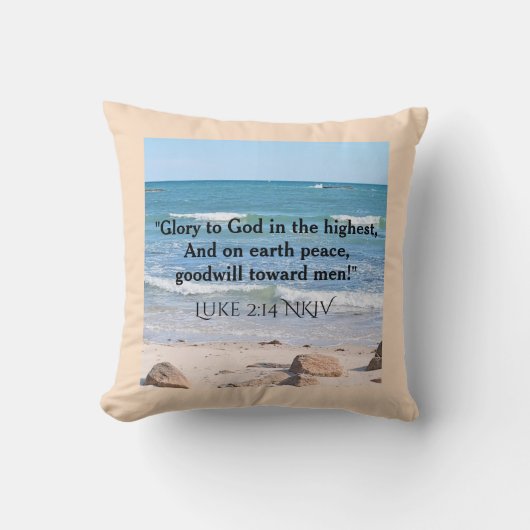 青い海とクリスマスの聖句の信仰メッセージthro クッション (正面)