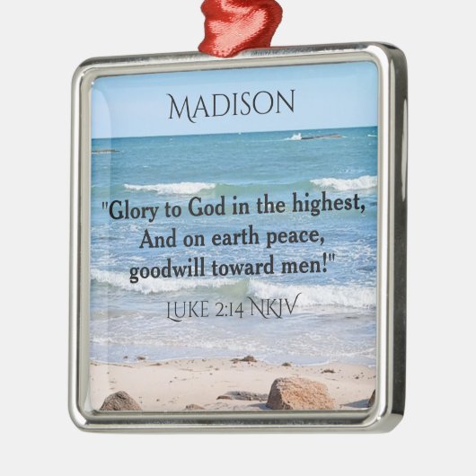 青い海とクリスマスバース名前をカスタムする メタルオーナメント (左)
