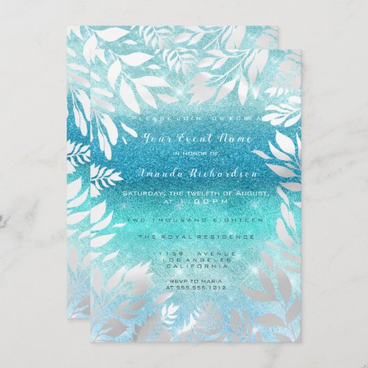 青い海と空のきらきらオンブルーフラワー箔ネイビー 招待状 (正面/裏面)