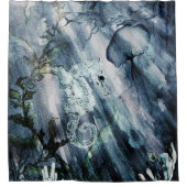 青い海にクラゲがいる海馬 シャワーカーテン (正面)