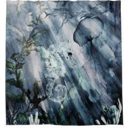 青い海にクラゲがいる海馬 シャワーカーテン