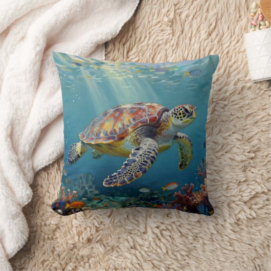 青い海に光り輝くウミガメ クッション (ブランケット)