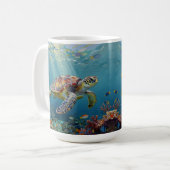 青い海に光り輝くウミガメ コーヒーマグカップ (正面左)