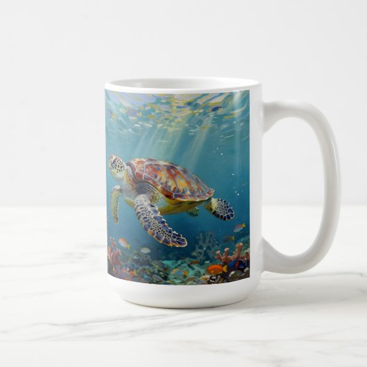 青い海に光り輝くウミガメ コーヒーマグカップ (右)