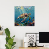 青い海に光り輝くウミガメ ポスター (ホームオフィス)