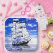 青い海に浮かぶ帆船 ペーパープレート (パーティー)