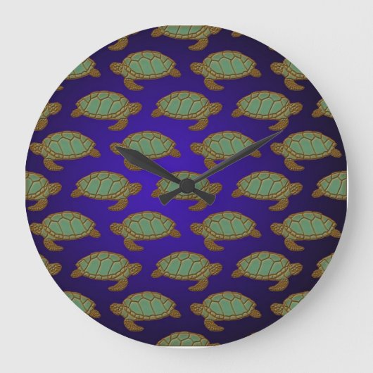 青い海のウミガメの模様 ラージ壁時計 (正面)