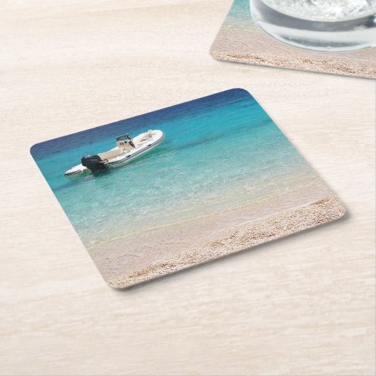 青い海のコースターの高速モーターボート スクエアペーパーコースター (アングル)