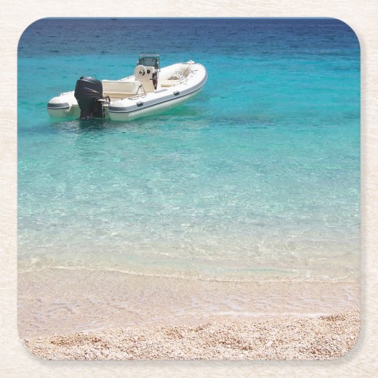 青い海のコースターの高速モーターボート スクエアペーパーコースター (正面)