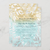青い海のゴールドグリッターオンブル花飾り 白 招待状 (正面/裏面)