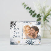 青い海のサンゴの水彩画ビーチ セーブ・ザ・デート ポストカード (スタンド正面)