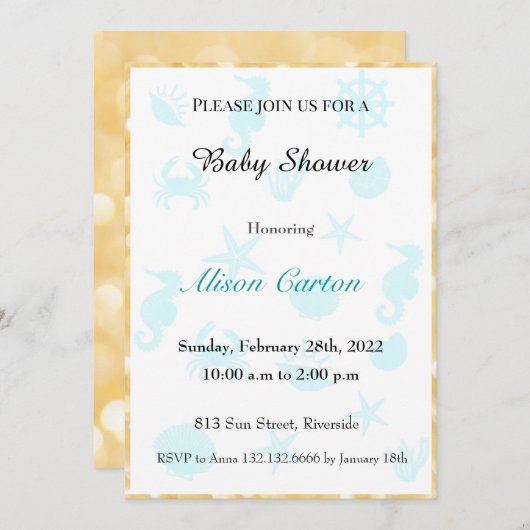 青い海のパターン赤ちゃんシャワー招待 招待状 (正面/裏面)