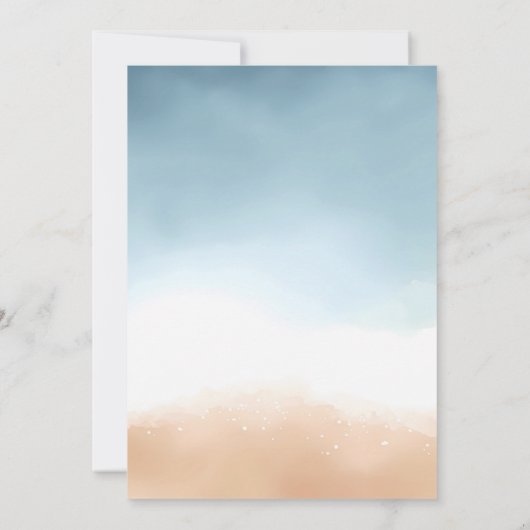 青い海のビーチでの砂浜ウェディング セーブザデート (裏面)