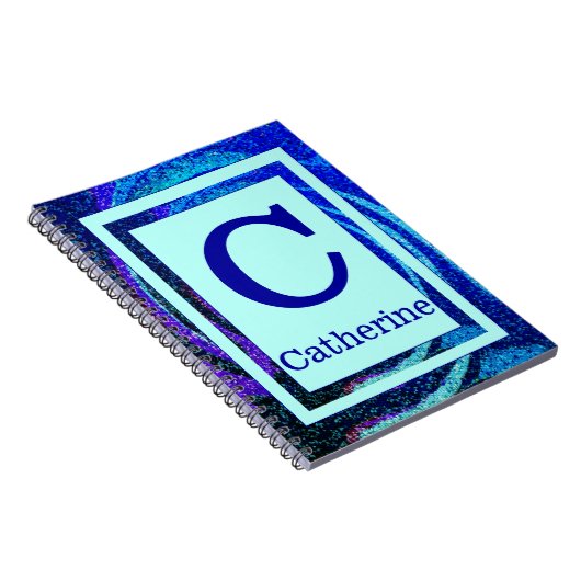 青い海のモザイクフレームのモノグラムおよび名前 ノートブック (右側)