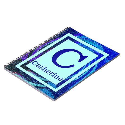 青い海のモザイクフレームのモノグラムおよび名前 ノートブック (左側)