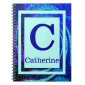 青い海のモザイクフレームのモノグラムおよび名前 ノートブック (正面)