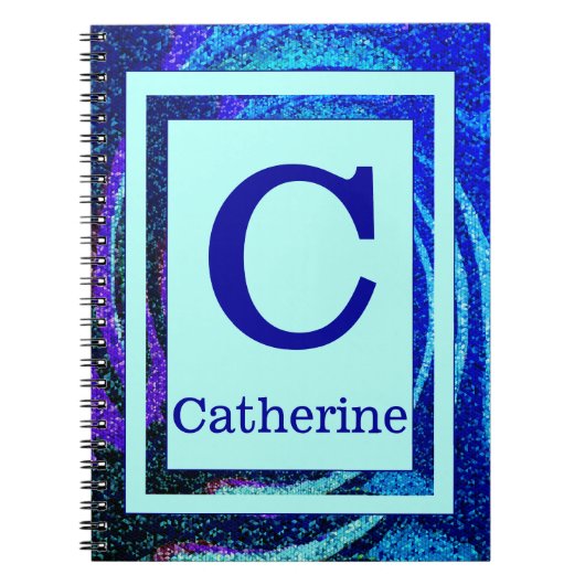 青い海のモザイクフレームのモノグラムおよび名前 ノートブック (正面)