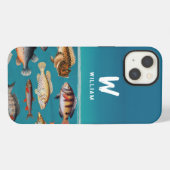青い海の下のカラフルな魚のモノグラム iPhoneケース (裏面横)