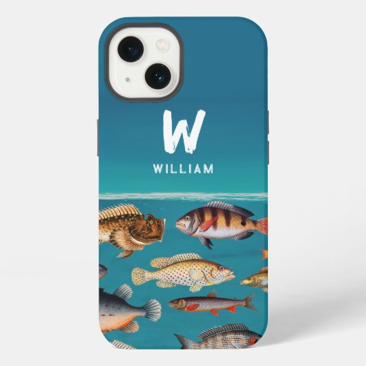 青い海の下のカラフルな魚のモノグラム iPhoneケース (裏面)