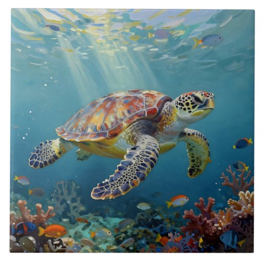 青い海の中のウミガメと太陽の光 タイル (正面)