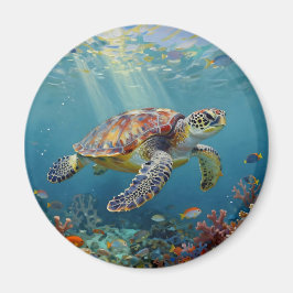 青い海の中の太陽光線とウミガメ マグネット