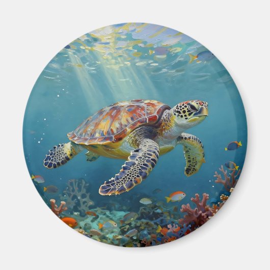 青い海の中の太陽光線とウミガメ マグネット (正面)