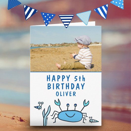 青い海の動物 カニの殻の少年 誕生日写真カード カード